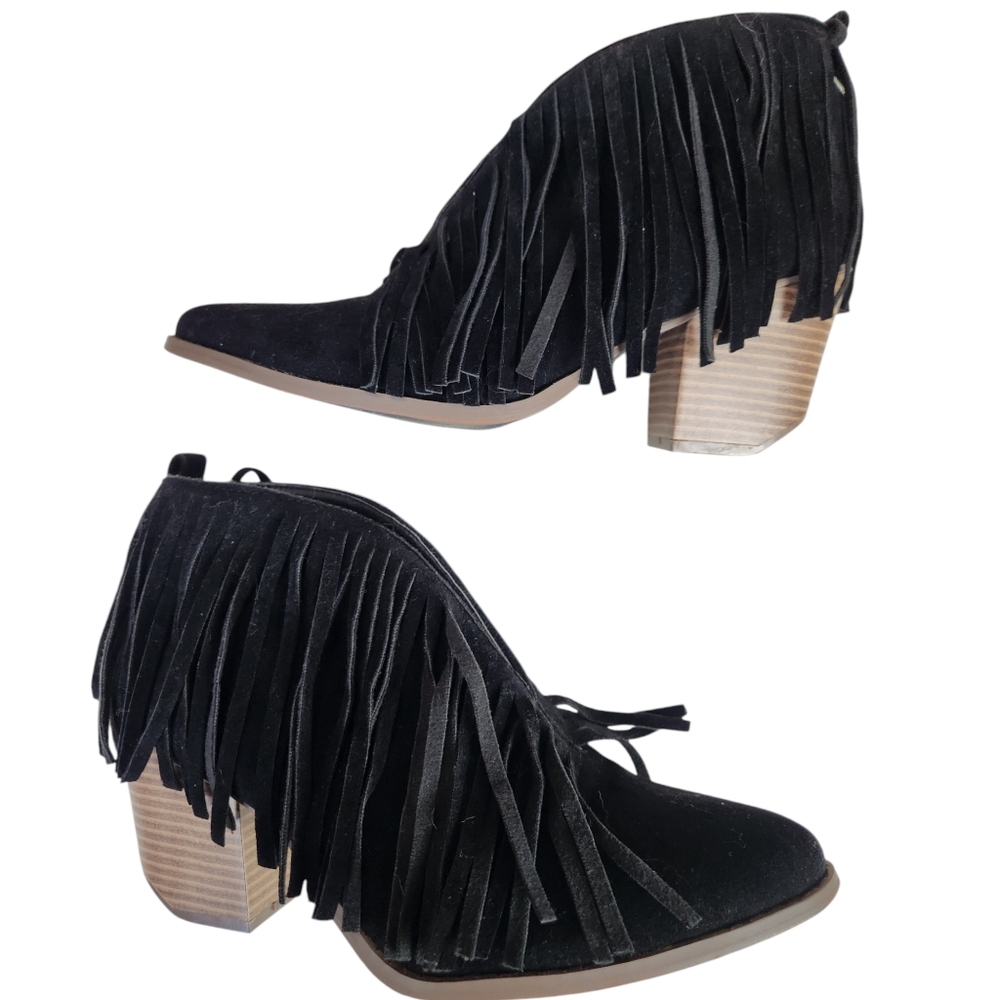 BEAST FASHION Black Suede Fringe Booties
